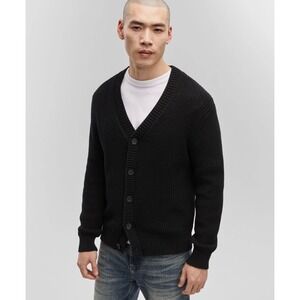 Mode of One Mens XL Deep Black Cotton Ribbed Knit V-Neck Cardigan 100187222MN